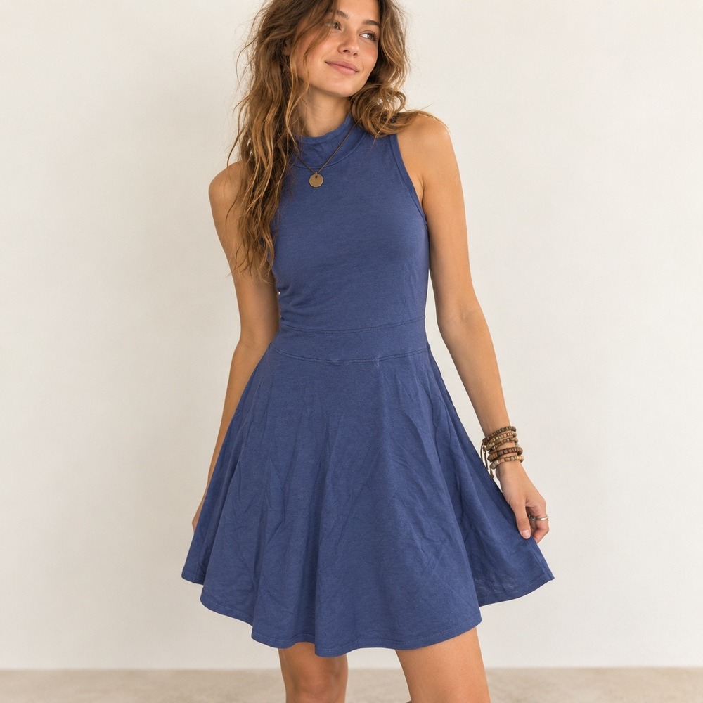 Toad&Co Women Dress Sleeveless Mock Neck Fit Flare Eco XS Blue